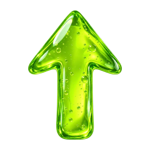 Translucent lime-green upward arrow with rounded edges and small suspended bubbles