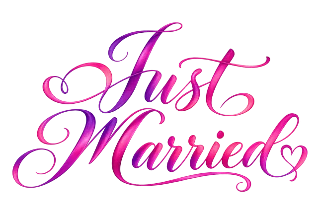 Just Married calligraphy in orchid purple blending into fuchsia and rose pink on a transparent background