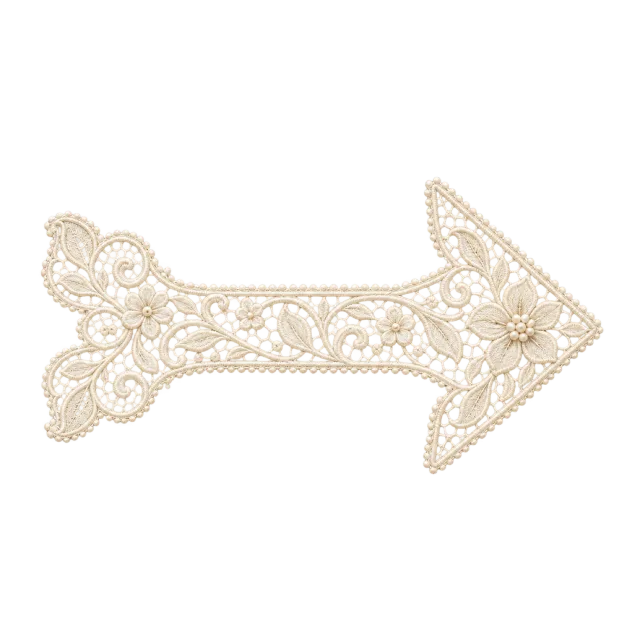 Delicate ivory right-pointing arrow filled with floral lace-style patterns