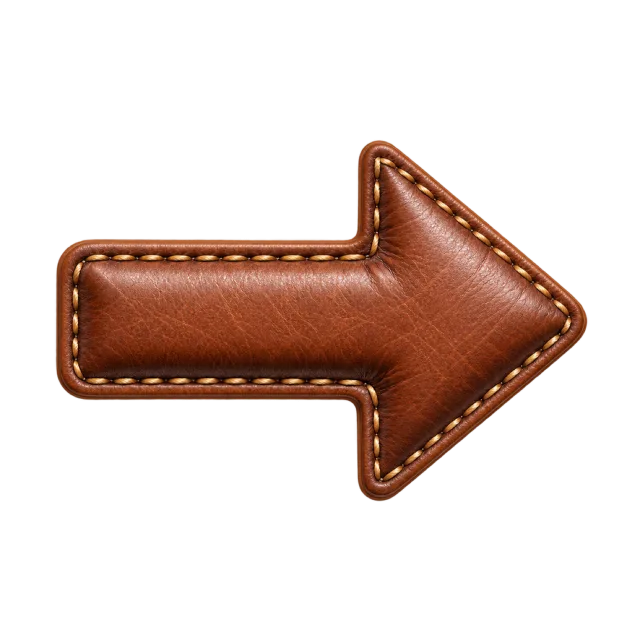 Padded brown leather-style arrow pointing right with pale stitched edging