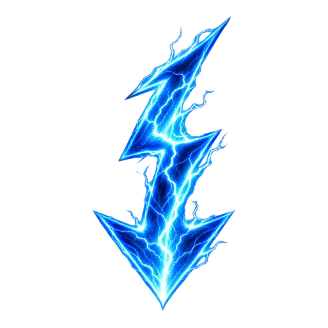 Jagged blue downward arrow surrounded by bright electric streaks
