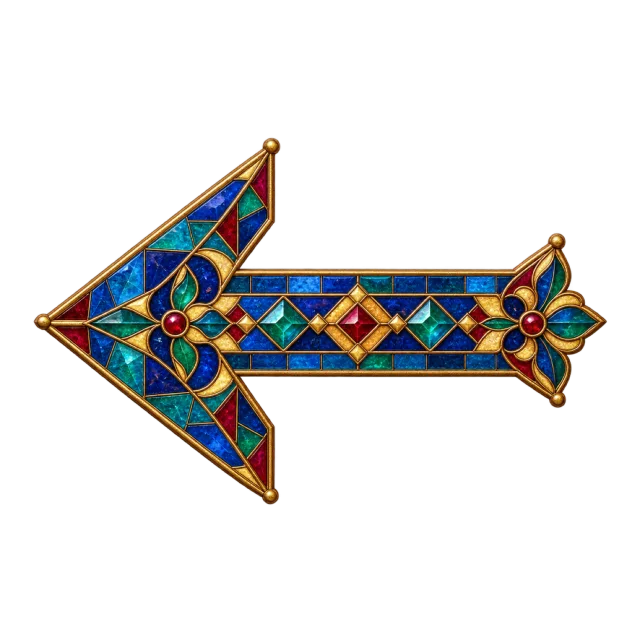 Ornate left-pointing arrow filled with jewel-colored geometric mosaic sections