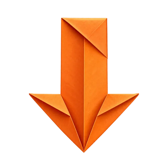 Downward orange paper-style arrow with crisp folds and overlapping triangular edges