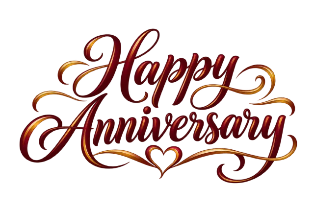 Happy Anniversary calligraphy in deep burgundy with warm golden-orange accents on a transparent background