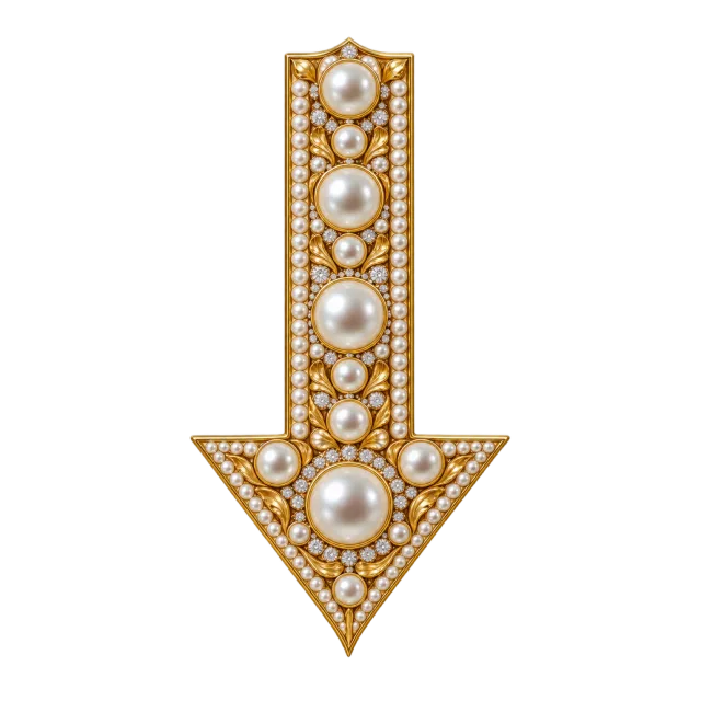 Downward gold-colored arrow filled with pale pearl-like beads of different sizes