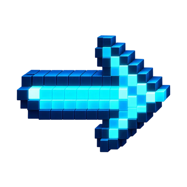 Right-pointing arrow built from bright cyan and dark blue square blocks