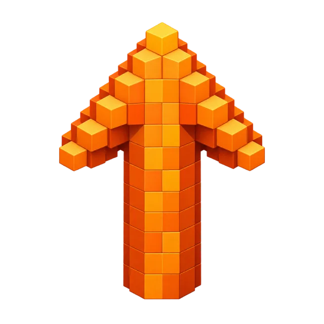 Upward arrow constructed from orange and yellow cube-shaped blocks