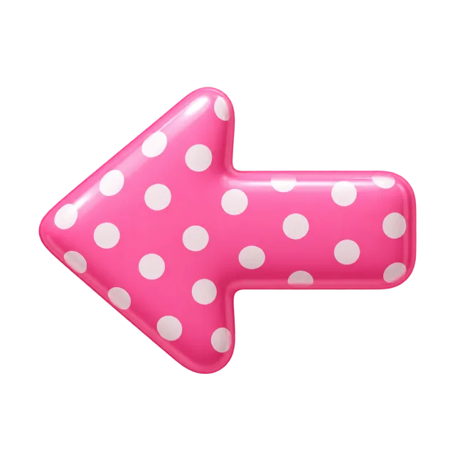 Glossy pink left-pointing arrow patterned with large white dots