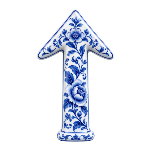 White upward arrow decorated with blue floral porcelain-style patterns