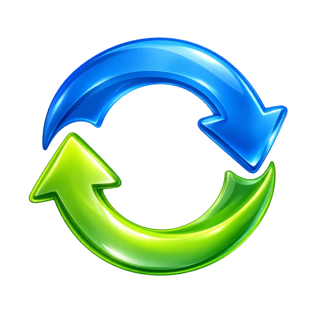Blue and lime-green curved arrows forming a two-part circular loop