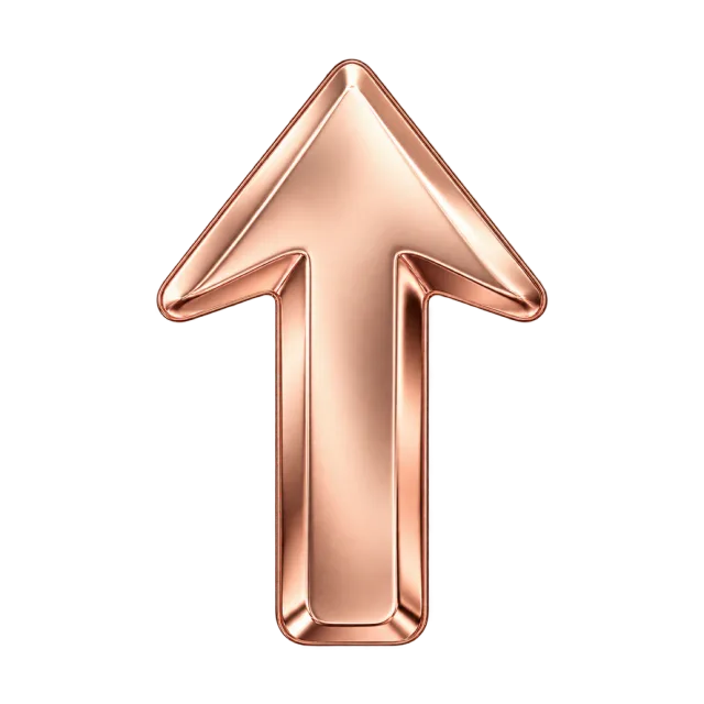 Upward rose gold-colored arrow with polished reflective bevels