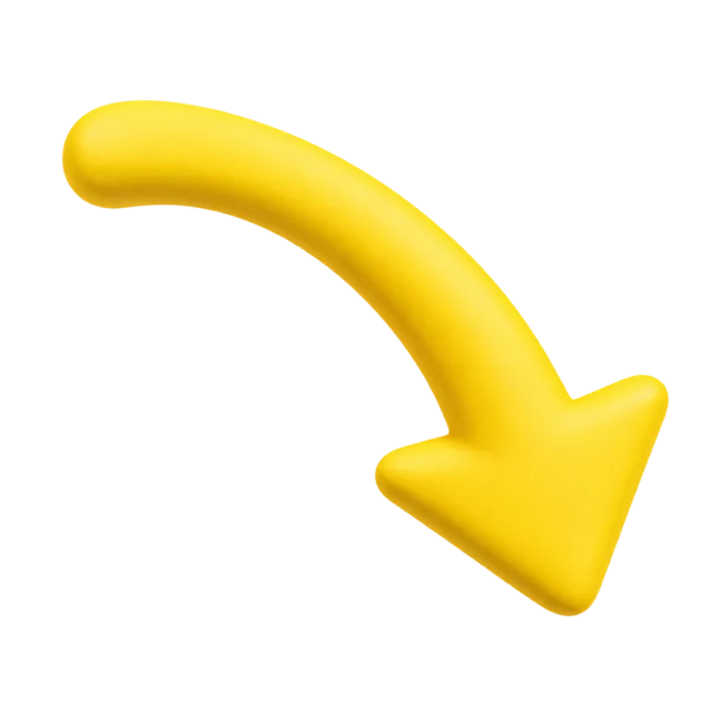 Rounded yellow arrow bending down toward the right with a matte rubber-like surface