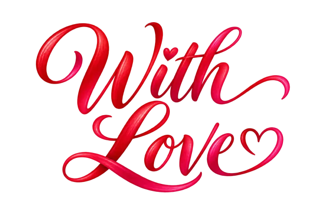 With Love calligraphy in cherry red blending into raspberry pink on a transparent background