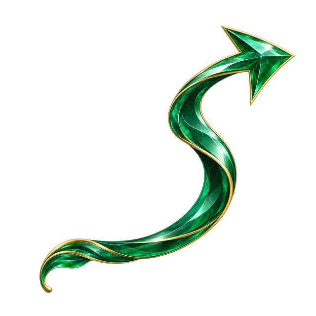 Flowing dark green S-shaped arrow with gold edging pointing upper right