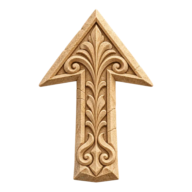 Tan upward arrow with raised scrolling botanical carvings