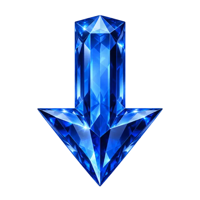 Deep blue downward arrow with sharply cut gemstone-style facets