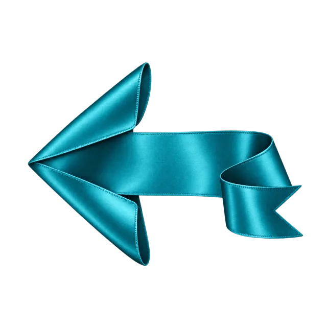 Folded teal satin-style ribbon forming a left-pointing arrow with a curled tail