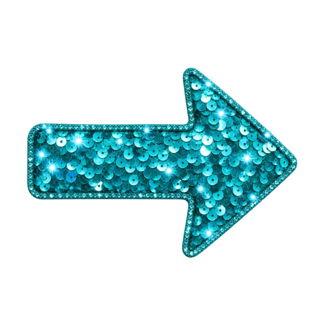 Right-pointing turquoise arrow covered in shiny overlapping sequins