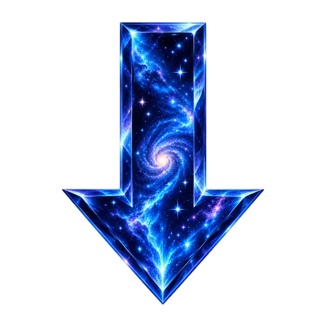 Downward arrow filled with stars and a swirling blue galaxy pattern