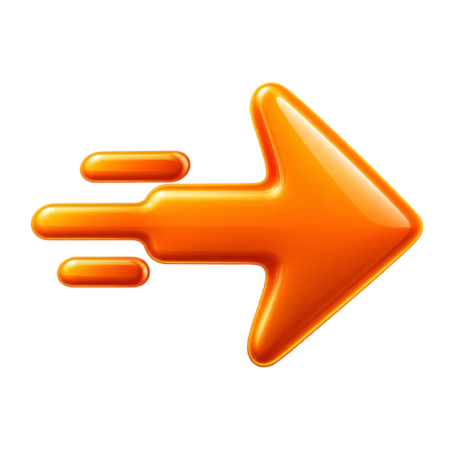 Glossy orange right-pointing arrow with three short trailing motion marks