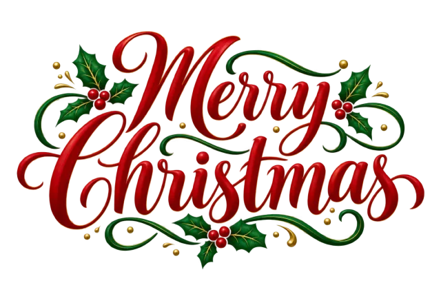 Merry Christmas calligraphy in festive ruby red lettering with emerald green flourishes and tiny gold ink accents on a transparent background