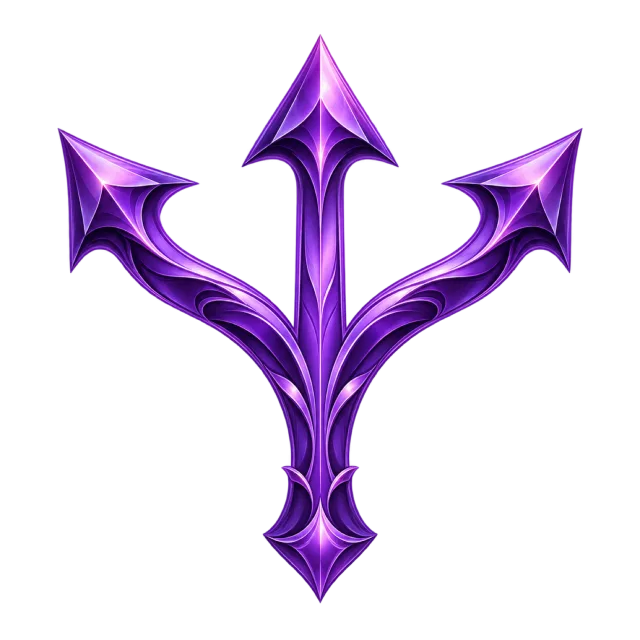 Ornate purple stem branching into three arrowheads pointing up and diagonally outward
