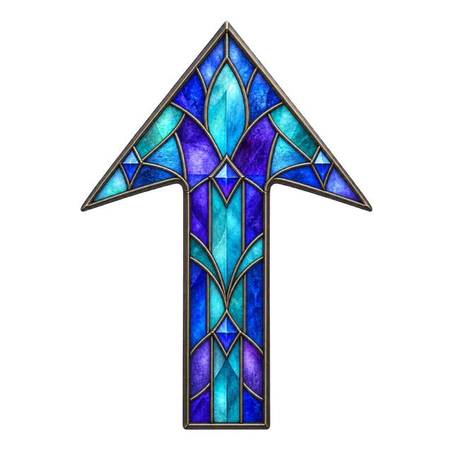 Upward arrow filled with blue, teal and purple stained-glass-style panels