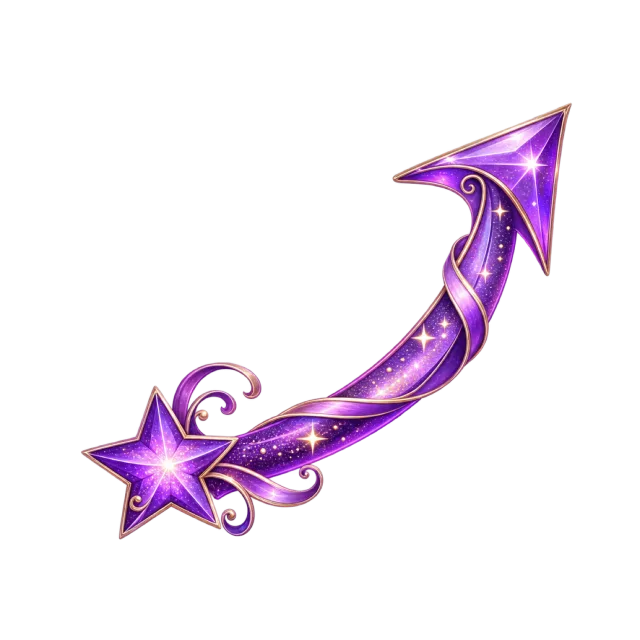 Purple arrow sweeping upward to the right with gold flourishes and a star-shaped tail