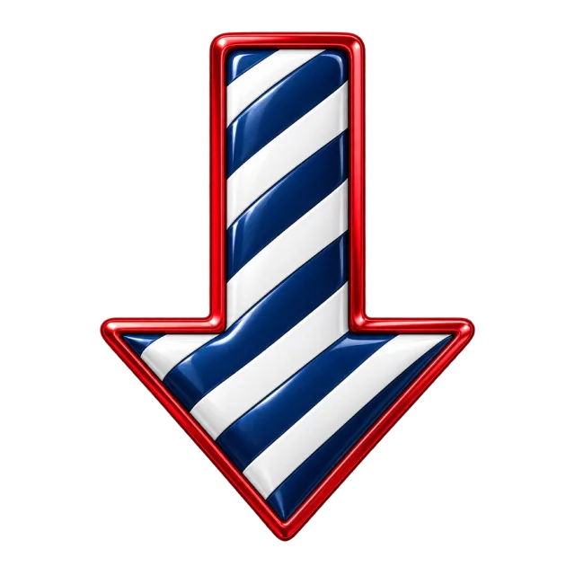 Downward arrow with diagonal navy and white stripes inside a glossy red outline