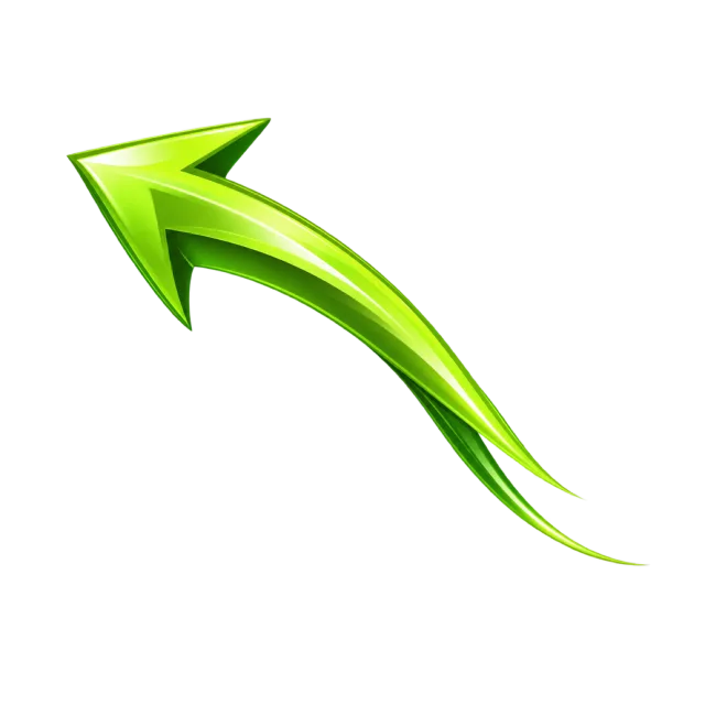 Glossy lime-green arrow sweeping toward the upper left with long trailing tips