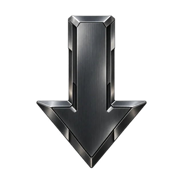 Dark gray downward arrow with brushed metallic shading and sharp beveled edges