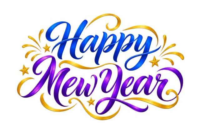 Happy New Year calligraphy in royal blue and violet lettering with bright golden-yellow flourish accents on a transparent background