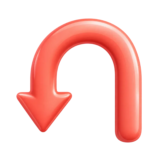 Rounded coral arrow bending over in a U shape to a downward tip on the left