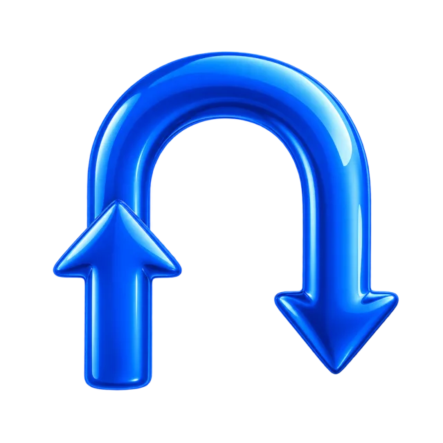 Glossy blue inverted U-shaped arrow with an upward tip on the left and downward tip on the right