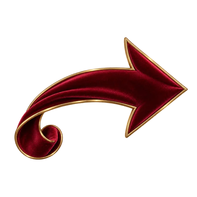 Burgundy velvet-style arrow with gold edging and a curled lower-left tail