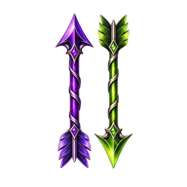 Decorative purple upward arrow beside a green downward arrow with feathered tails