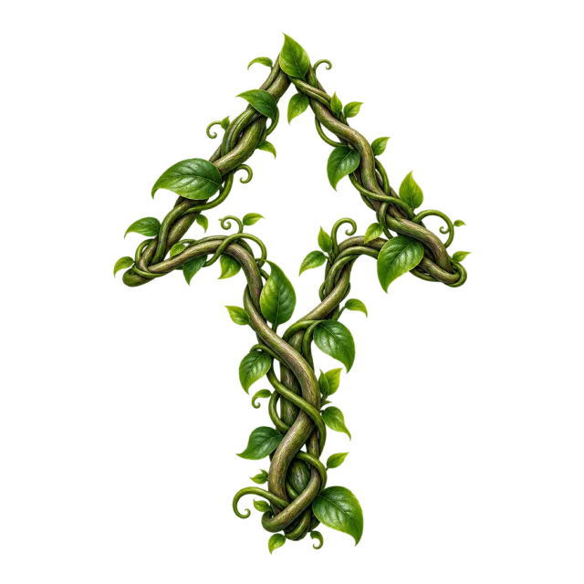 Upward arrow outline formed from twisting vines and small green leaves