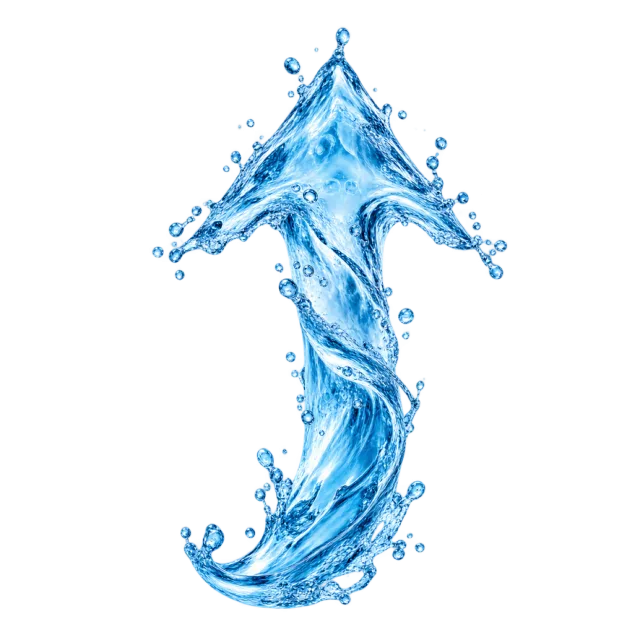 Curved blue water splash forming an upward arrow with scattered droplets