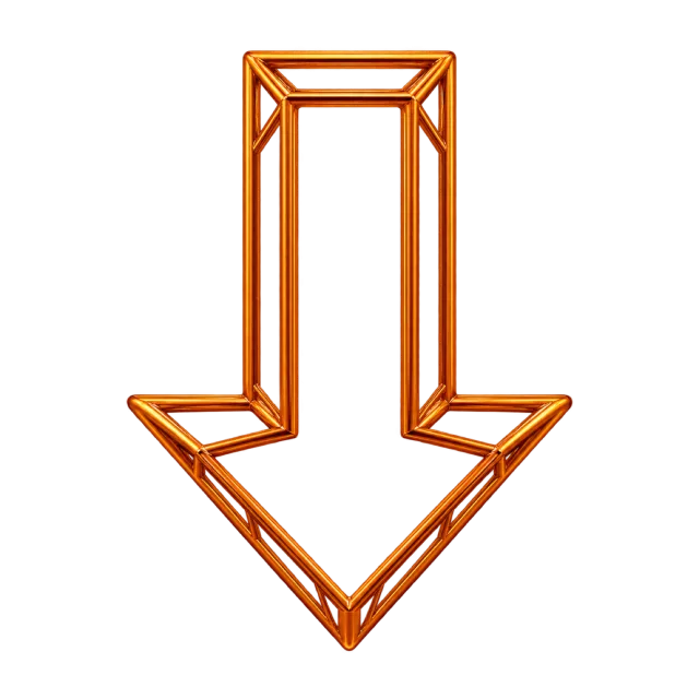 Open downward arrow outlined by narrow copper-colored geometric bars