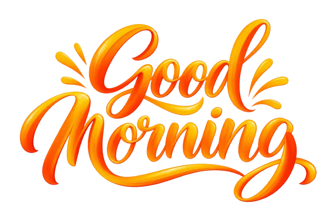 Good Morning in sunrise orange and golden yellow, lively flowing brush script on a transparent background