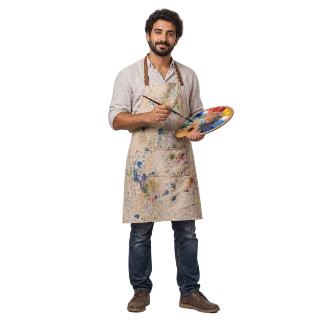 A man in a paint-marked apron holding a colorful palette and paintbrush