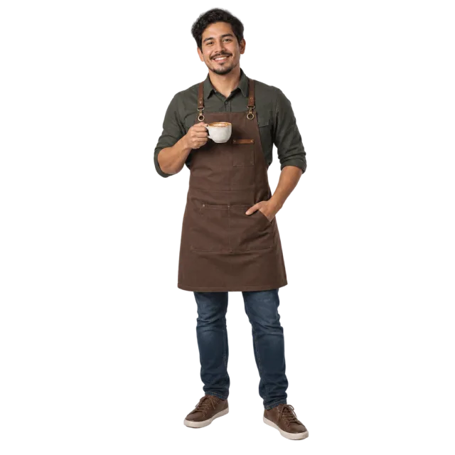 A smiling man in a brown apron holding a white coffee cup