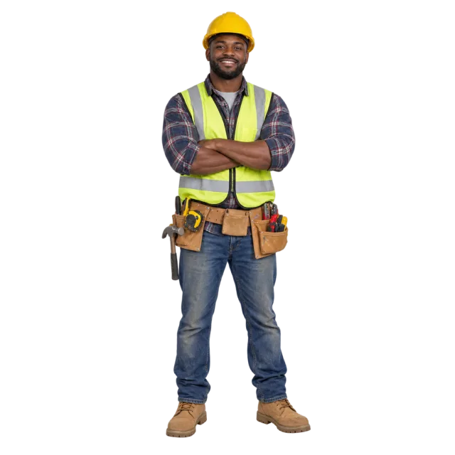A man standing with folded arms in a yellow hard hat, safety vest and tool belt