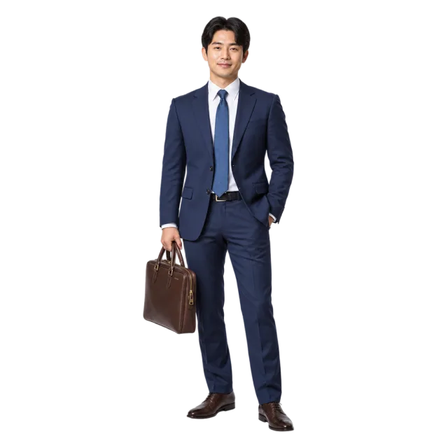 A man in a navy suit and tie carrying a brown briefcase