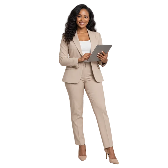A smiling woman in a beige trouser suit holding a tablet