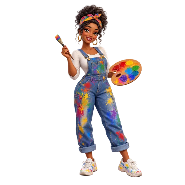 A cartoon woman in colorful paint-covered overalls holding a brush and palette