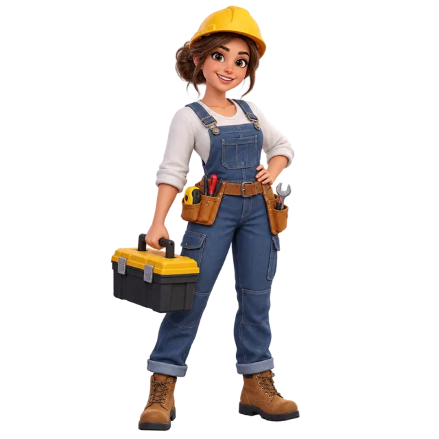 A cartoon woman wearing a yellow hard hat and tool belt while carrying a toolbox