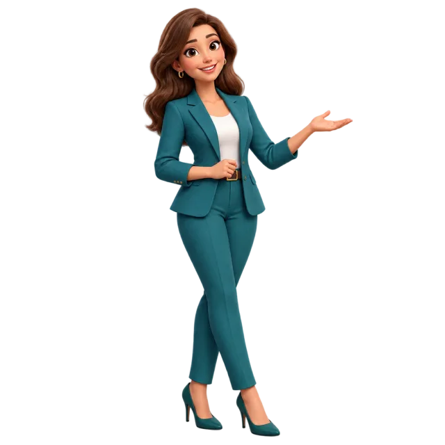 A cartoon woman in a teal trouser suit presenting with one hand raised