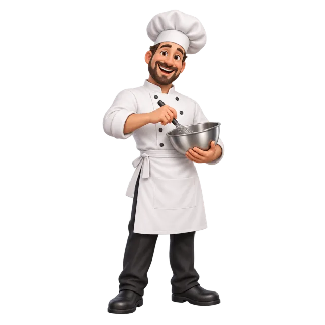 A cartoon chef in a white hat and coat stirring a metal mixing bowl