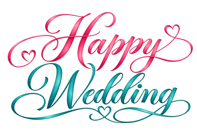 Happy Wedding in rose pink and teal, refined romantic copperplate lettering on a transparent background